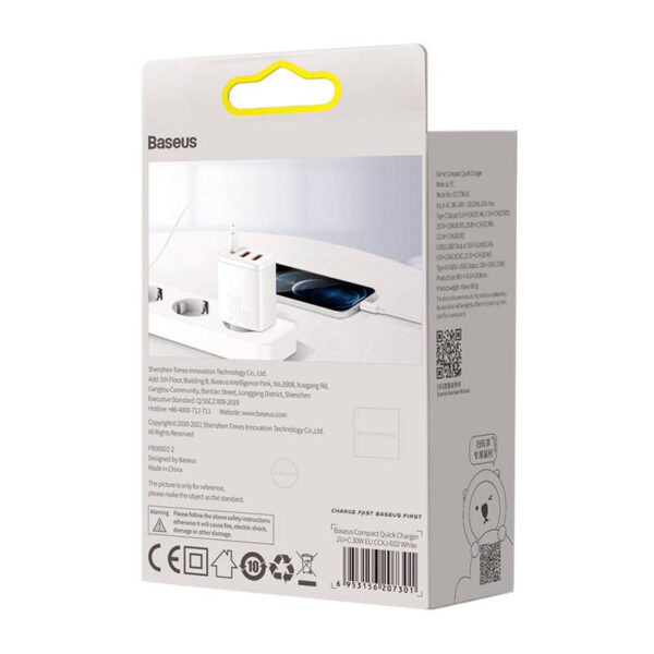 Sieťová nabíjačka Baseus Compact Quick Charger, 2xUSB, USB-C, PD, 3A, 30W (biela) - Image 7