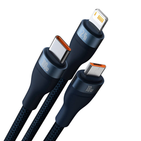 USB kábel 3v1 Baseus Flash Series, USB-C + micro USB + Lightning, 100 W, 1,2 m (modrý) - Image 8
