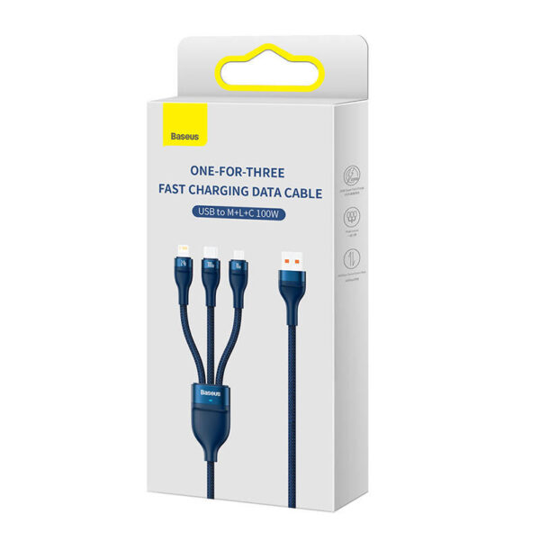 USB kábel 3v1 Baseus Flash Series, USB-C + micro USB + Lightning, 100 W, 1,2 m (modrý) - Image 7
