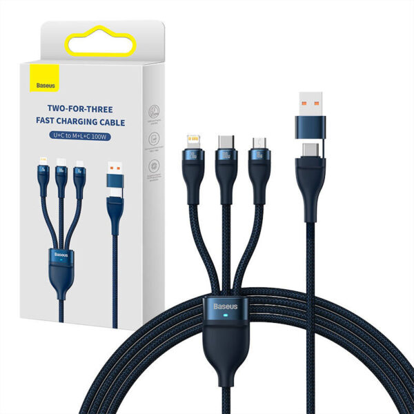 Kábel USB 3v1 Baseus Flash Series 2, USB-C + micro USB + Lightning, 100 W, 1,2 m (modrý) - Image 6