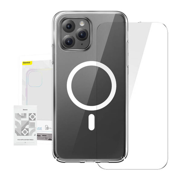 Puzdro na telefón Baseus Magnetic Crystal Clear pre iPhone 11 Pro Max (priehľadné) s ochranným krytom displeja z tvrdeného skla a čistiacou súpravou - Image 9