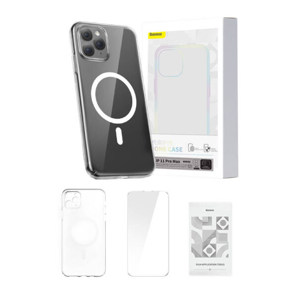 Puzdro na telefón Baseus Magnetic Crystal Clear pre iPhone 11 Pro Max (priehľadné) s ochranným krytom displeja z tvrdeného skla a čistiacou súpravou - Image 8