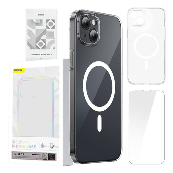 Puzdro na telefón Baseus Magnetic Crystal Clear pre iPhone 13 (priehľadné) s ochranným krytom displeja z celoplošného tvrdeného skla a čistiacou súpravou