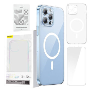 Puzdro na telefón Baseus Magnetic Crystal Clear pre iPhone 13 Pro s ochranným krytom displeja z tvrdeného skla a čistiacou súpravou