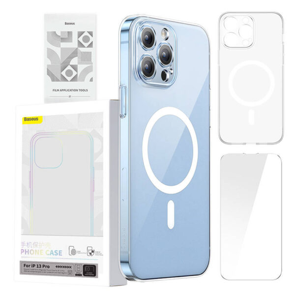 Puzdro na telefón Baseus Magnetic Crystal Clear pre iPhone 13 Pro s ochranným krytom displeja z tvrdeného skla a čistiacou súpravou