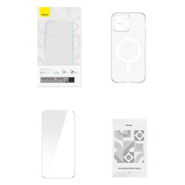 Puzdro na telefón Baseus Magnetic Crystal Clear pre iPhone 13 Pro s ochranným krytom displeja z tvrdeného skla a čistiacou súpravou - Image 10